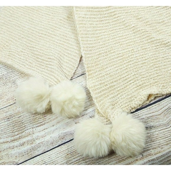 Women Scarf Cream W/Pom Pom Soft Comfy Warm Shawl Wrap Cowl Scarves Gift - Picture 5 of 10